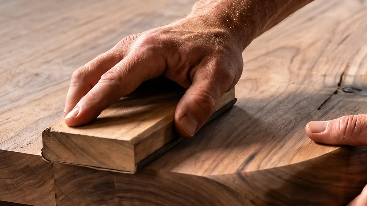 Sanding a handcrafted solid wood piece in the workshop