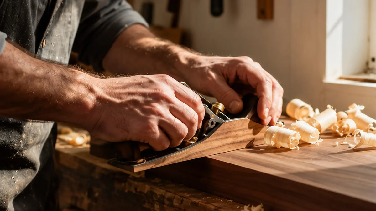 Woodworker hand planing a solid wood board in the workshop